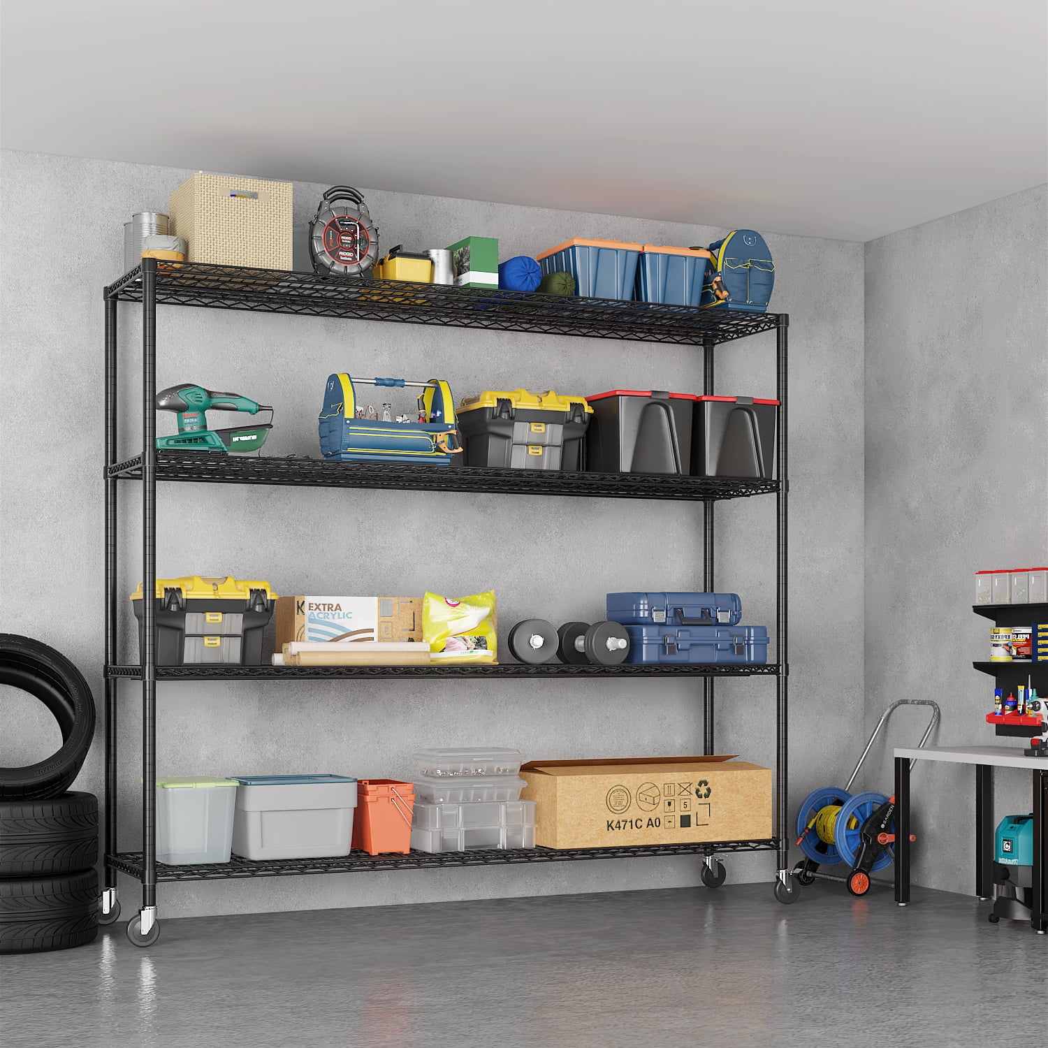 4-Tier Adjustable Iron Shelving Unit, 59.84 x 24.41 x 75.59 in, Black