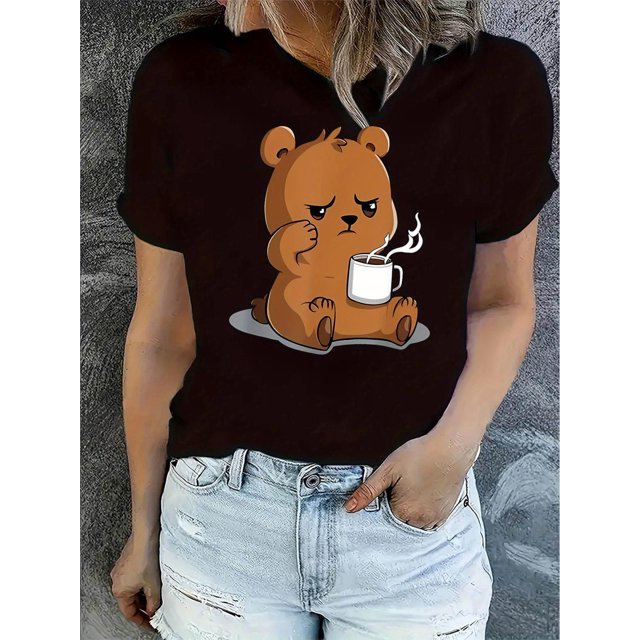 T-Shirt Décontracté à Col Rond pour Femmes avec Imprimé Ours Mignon et Café, Tissu en Polyester Tricoté, Extensible Moyen, Mode Toutes Saisons Fête des Pères, Fête des Mères, Nouvel An, Festival de Printemps, Saint-Valentin