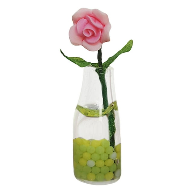Mini modelo de flor Hugo para Casa de muñecas con jarrón de cristal rosa