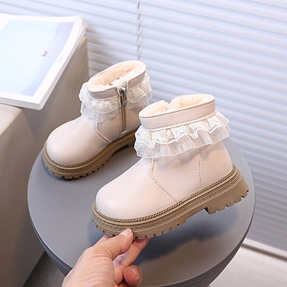 Girls Warm Ankle Boots Fleece Lined Lace Trim Side Zipper Booties Kids Cute Platform Non-Slip Short Boots Beige 8.5 Toddler