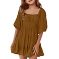 thumbnail image 2 of CCRFTGI Girls Summer Dresses 10-12 Casual Cute Dress Tie Back Square Neck Ruffle Elastic Waist Party A-Line Dress Brown 5-6 Years, 2 of 5