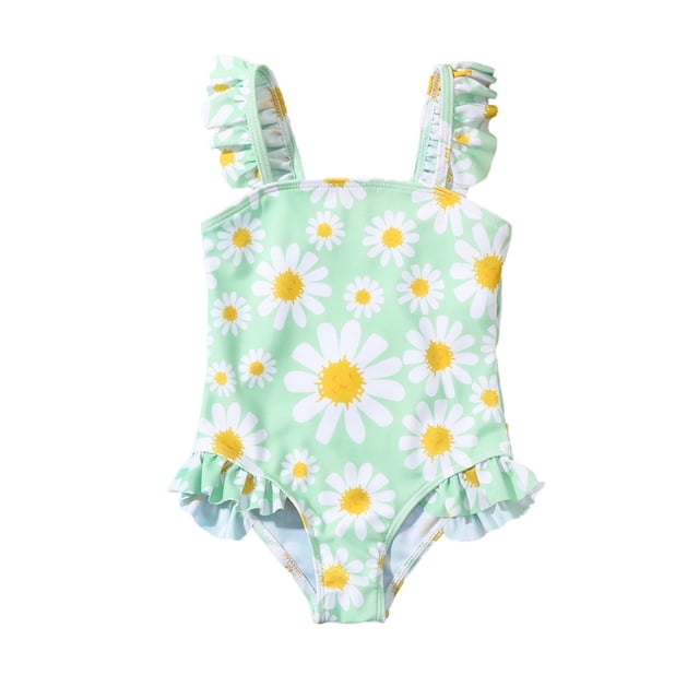 Hiiyo Toddler Girls Floral One-Piece Swimsuit Sunflower Print Ruffle Swimwear Bathing Suit