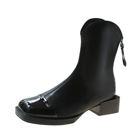 

Black Boots for Women Ladies Fashion Solid Color Leather Splicing British Style Back Zipper Thick High Heel Short Boots Ankle Boots for Women PU Black