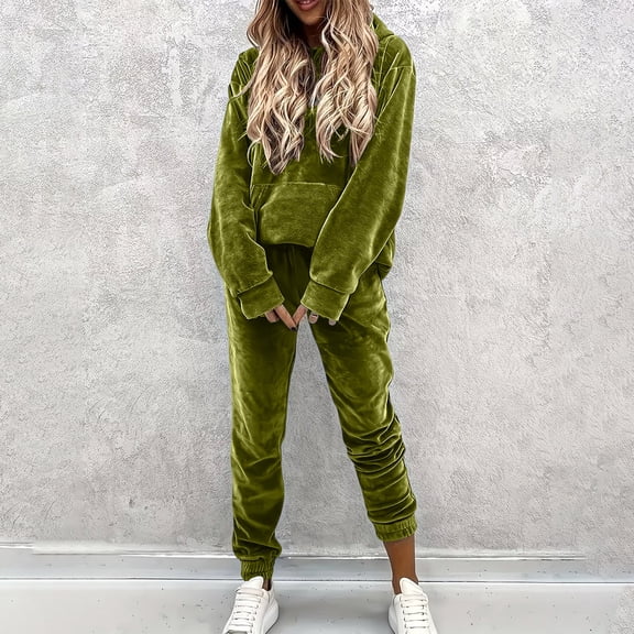 Velvet Outfits for Women Pullover Hoodie Jogger Pants Set Drawstring Soft Warm Streetwear Tracksuit Outfits Daily Wear Green XXL