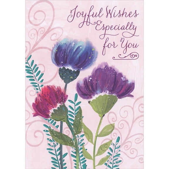 Designer Greetings Joyful Wishes: Red, Blue and Purple Watercolor Flowers on Light Pink Easter Card Especially for You