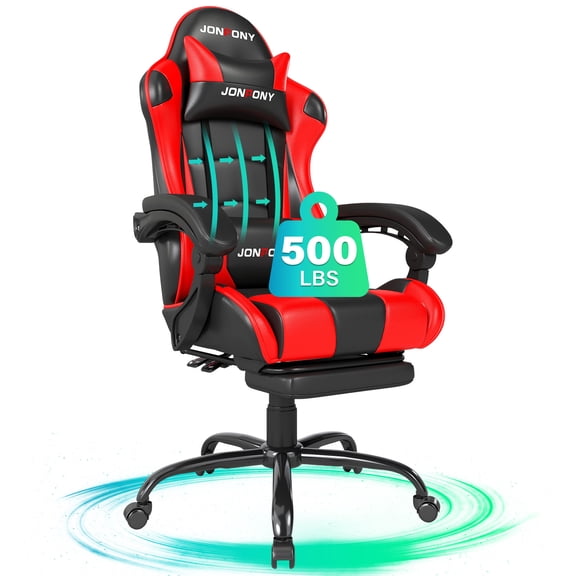 JONPONY Big and Tall Gaming Chair, Ergonomic Design, Gamer Chair PU Leather with Footrest and Lumbar Support, High Back Office Chair Support, Long Sitting Computer Chair, Red