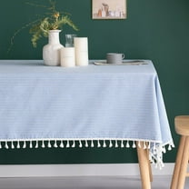 Fennco Styles Tiny Striped Tassel Cotton Blend 55 x 55 Inch Tablecloth - Blue Table Cover for Banquets, Holiday, Special Events, Outdoor and Home Décor