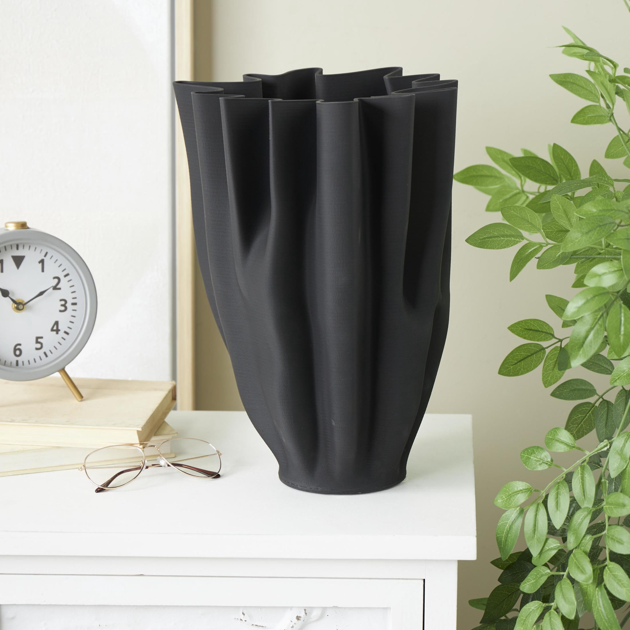 DecMode 15" Abstract Dimensional Ribbed Tulip Black Ceramic Vase with Angular Rim