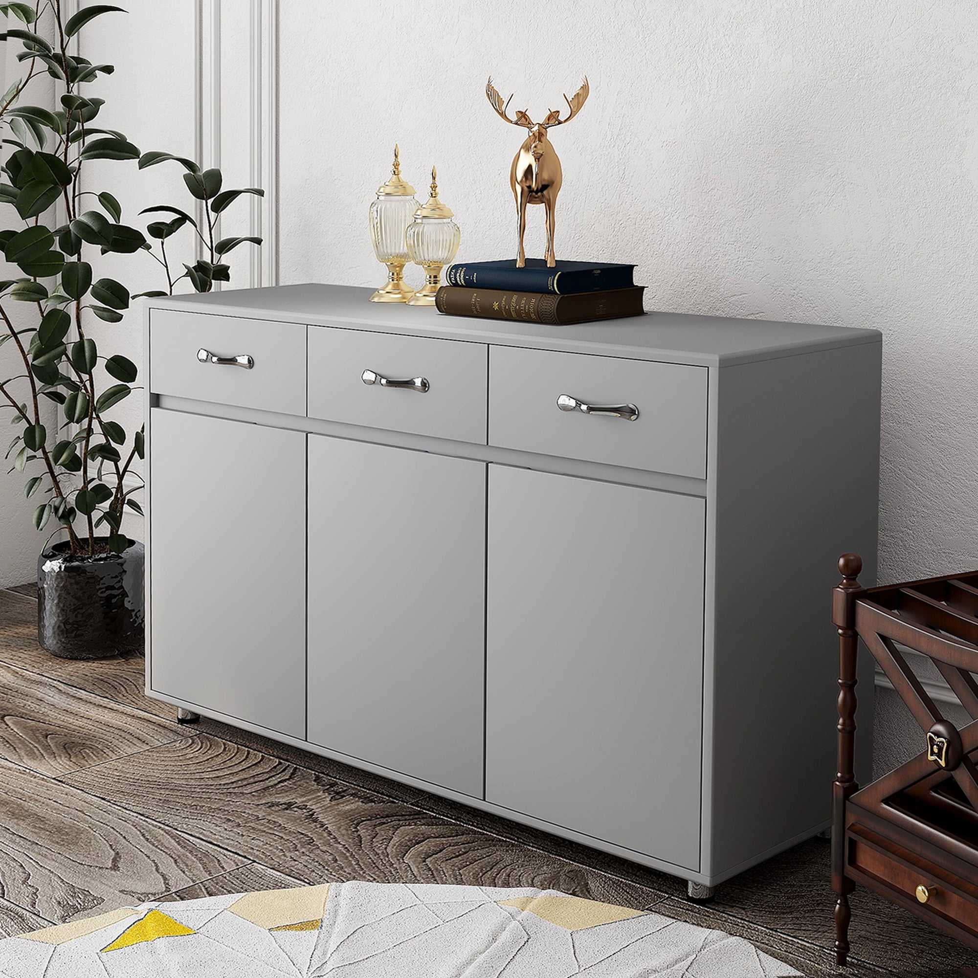 Mintazer Sideboard Buffet Cabinet with 3 Drawers & 3 Doors, Modern Storage Credenza with Adjustable Shelves for Kitchen Dining Room Living Room, Grey