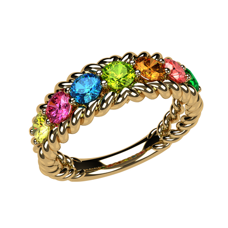 NANA Rope Mothers Ring 1 to 10 Simulated Birthstones - Yellow Gold Plated Silver -Size 5-stone 5