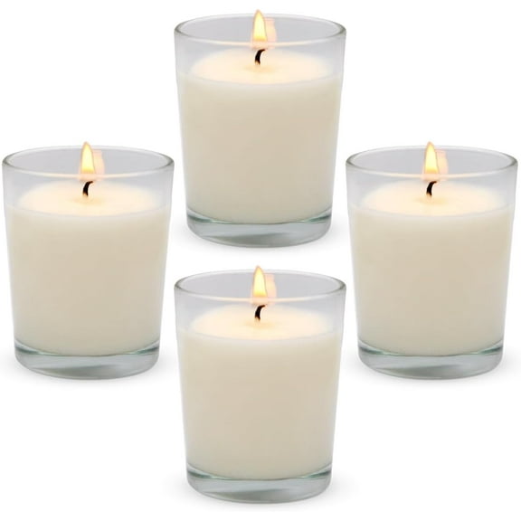 NeoMart - 4 Packs Unscented White Votive Candles in Glass, 2 Inch Natural Soy Wax Scentless Candles for Christmas Wedding Party Home Decor Holidays Relaxation Spa, 12-15 Hour Burning Time