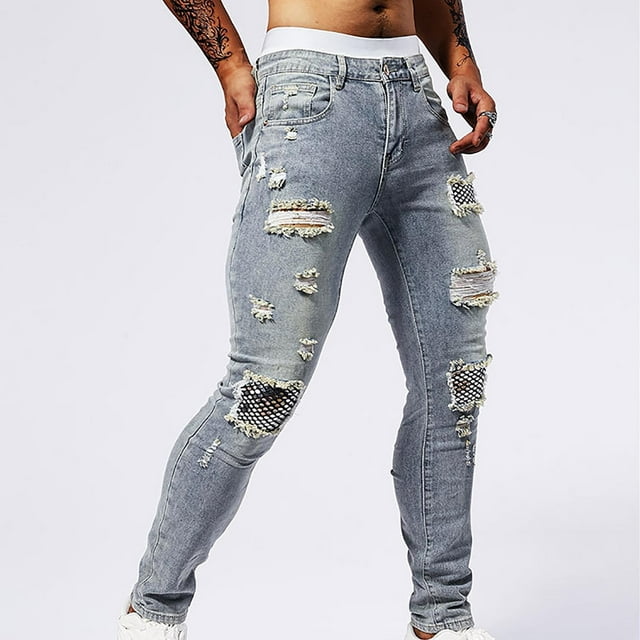 Yusimy Men's Denim Pants Ripped Patch Pocket Rivet Stretch Skinny Fit Solid Color Casual Street Style