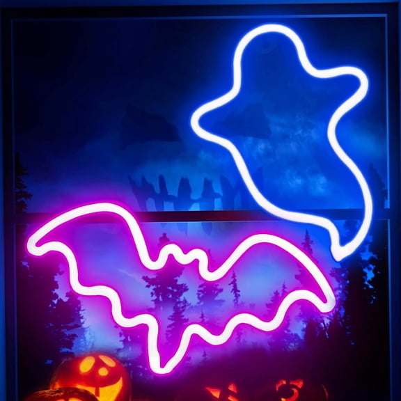 Halloween Neon Sign, LED Ghost and Bat Lights 2 Pack, Battery or USB Powered, Pink Blue Window Decor
