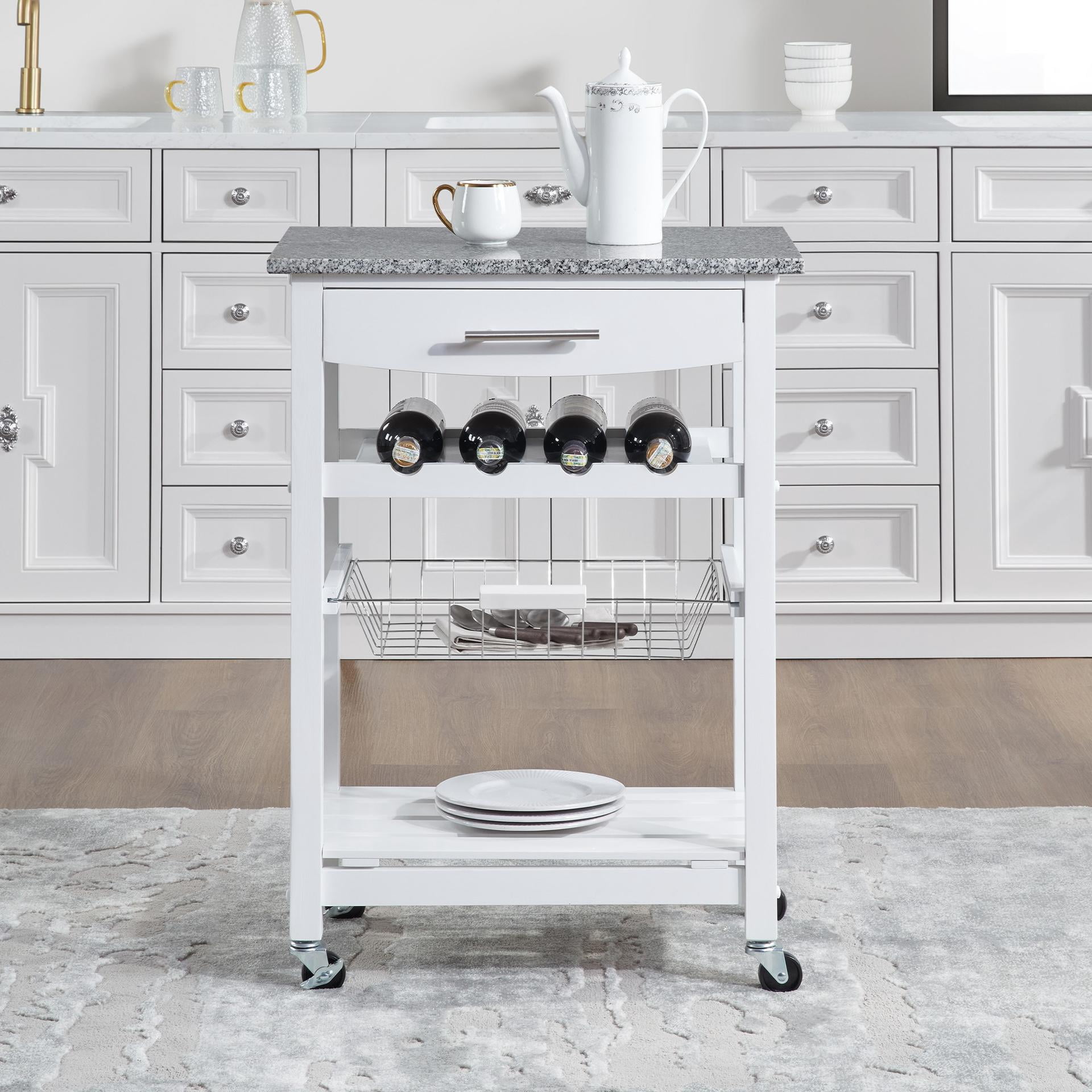 Mobile Rolling Kitchen Island Trolley Serving Cart with Underneath Drawer & Slide-Out Wire Storage Basket