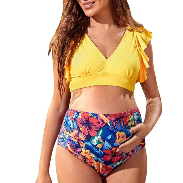Traje de baño de cintura alta para mujer Traje de baño con estampado sexy de color en contraste para mujeres embarazadas Fridja nalpqowj61010