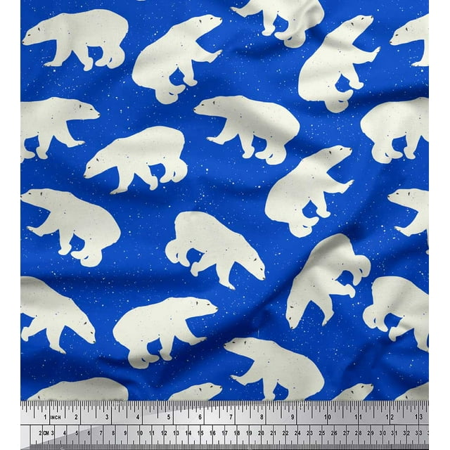 Soimoi Blue Poly Georgette Fabric Polar Bear Animal Printed Fabric 1 Yard 52 Inch Wide