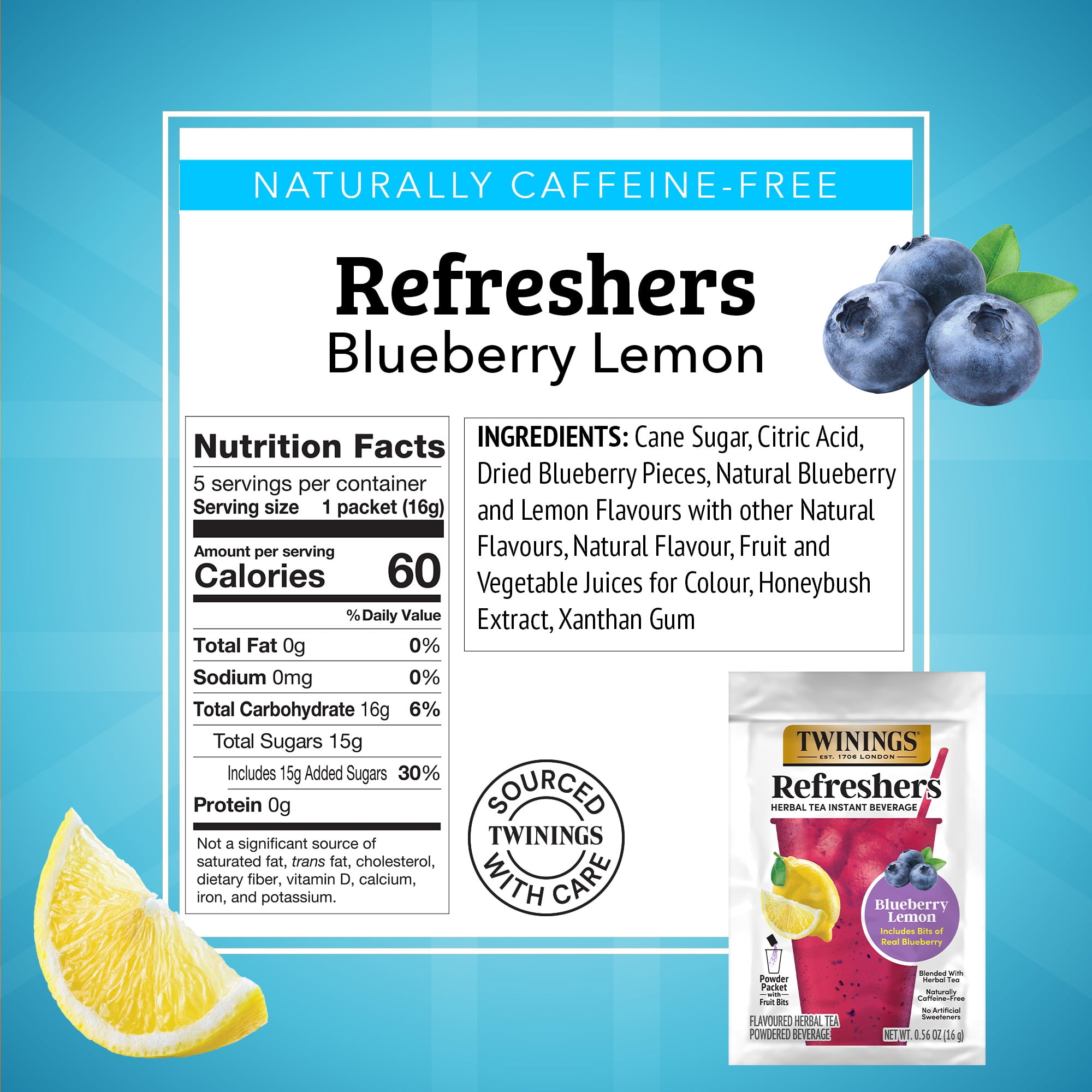 Twinings Refreshers Blueberry Lemon Herbal Tea Drink Mix, Naturally Caffeine Free, 5 Packets