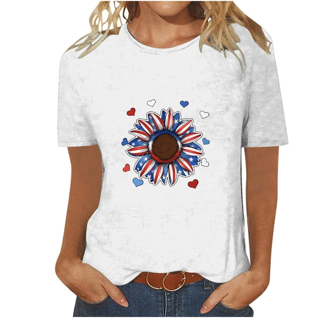 Tops Cortos para Mujeres Día de la Independencia Patriótica Impreso Cuello Redondo, Camiseta de Manga Corta Casual para la Primavera, Verano Y Fiesta