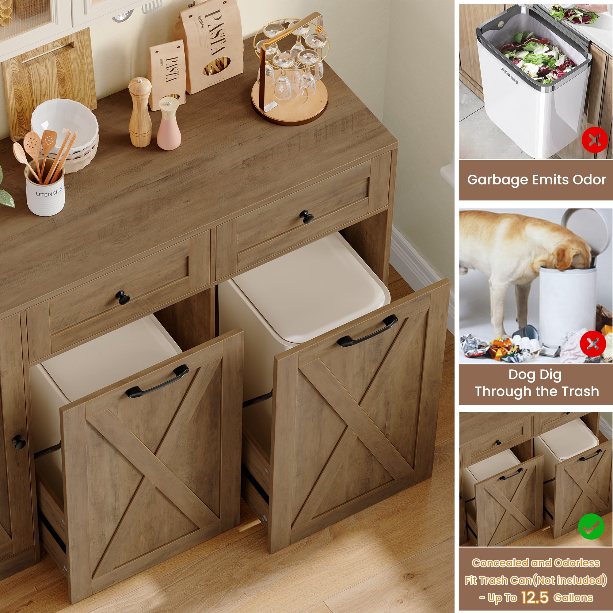 Homfa 47.2"W Kitchen Sideboard Credenza, Trash Can Cabinets Fits 12.5 Gallon Can, 2 Drawer Wood Buffet Storage Cabinet with Adjustable Shelf, Rustic Brown