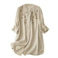 thumbnail image 2 of HLKJKLS Winter Clothing For Women New Chinese Embroidered 3/4 Sleeve Shirt Cotton Loose Mid Length Winter Beige M-3Xl, 2 of 9