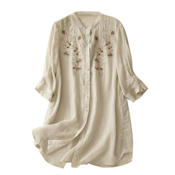 Jxximdong Button Down Shirts for Women, Women's Cotton New Oriental Loose Embroidered Tops Summer Mid Length 3/4 Sleeve Shirt, Beige Women's Blouses