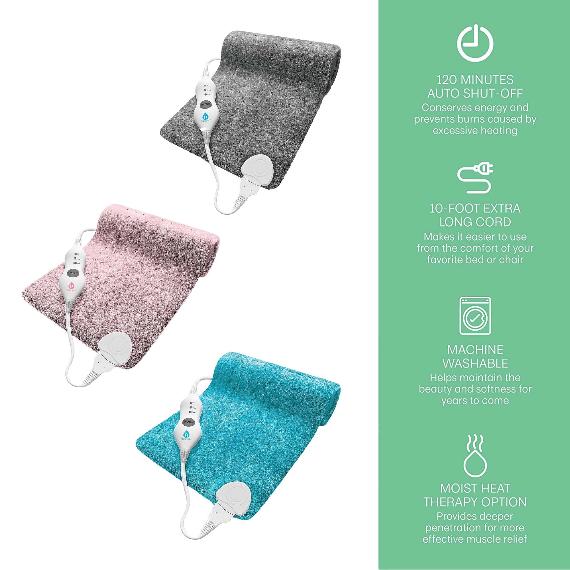 Pursonic Comfort Trio Heating Pad Set – Teal, Pink  Gray