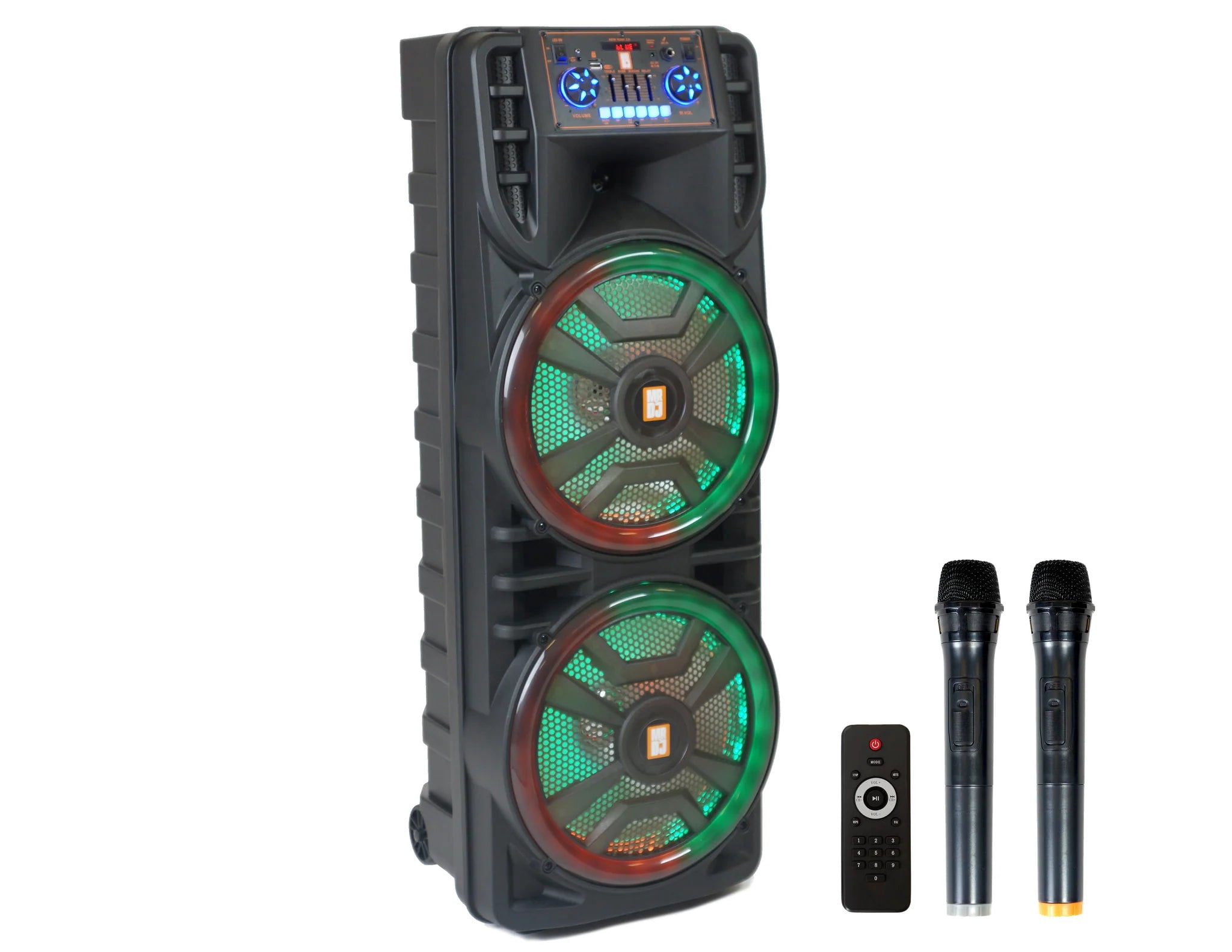 MR DJ NEWYORK 2.0 Dual 12" Rechargeable Portable Bluetooth Karaoke Speaker Party Flame Lights with 2 Wireless Microphone TWS USB FM Radio