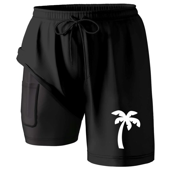 ibiyuan Men Swim Trunks Long with Compression Liner Quick-Dry Mens Bathing Suits 2 In 1 Beach Board Shorts Pockets Comfortable Hawaiian Print Beach Cruise Water Park Gym Swimwear,Black-g