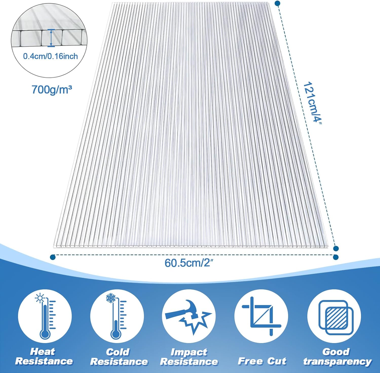 6 Pack Greenhouse Panels Polycarbonate Sheets 4' x 2' x 0.16'' Twin-Wall Roof Panels Waterproof UV Protected Clear Corrugated Roofing Panels for All Weather Outdoor Garden and Greenhouse