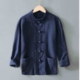 thumbnail image 5 of ROHUUQUE Men's Cotton Linen Shirts Stand Collar Long Sleeve Solid Frog Button Pocket Loose Casual Tops Daily Outdoor, 5 of 9
