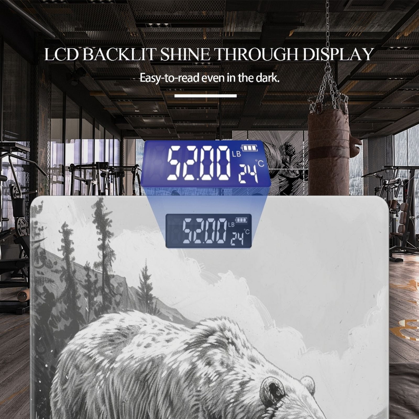 Bathroom Scale, Highly Accurate Digital Body Scale,Precisely Measures Weight up to 400 lbs-Black And White Drawing Of Bear In The Mountains