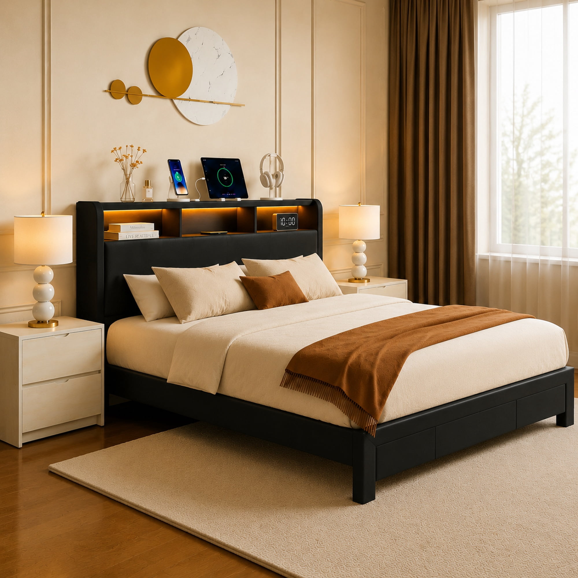 Mintazer Queen Size Upholstered Platform Bed Frame with LED Light & Charging Station, Modern Platform Bed Frame with Storage Headboard and Under Bed Drawer, No Box Spring Needed, Black