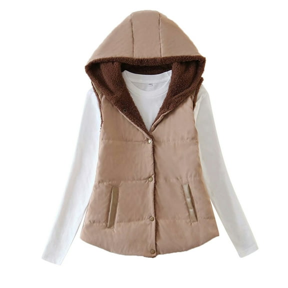 Vest for Women Casual Solid Color Short Outerwear Jackets Pocket Breasted Hooded Cotton Vest Jacket