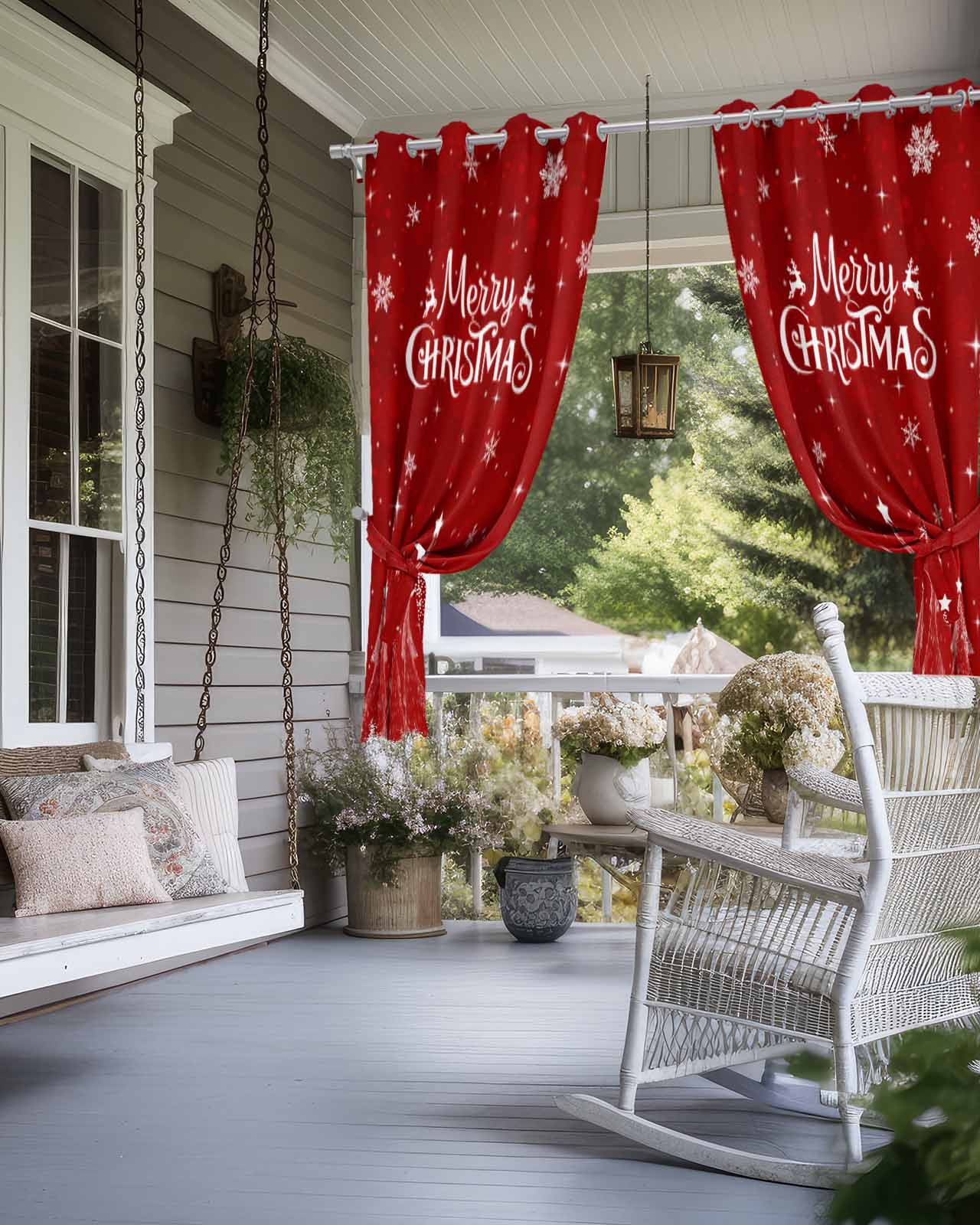 Outdoor Curtains for Patio, Red Christmas Tree Waterproof Blackout Outside Curtain for Porch/Pergola/Gazebo, Balls Xmas Snowflake Thermal Insulated Drapes for Cabana, 2 Panels, 54 x 95 Inch