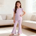 thumbnail image 3 of OGLCCG Girls 2 Piece Summer Outfits Ruffle Sleeve Crewneck T-shirt and Flare Pants Solid Color Casual Cotton Lounge Clothes 1-9 Years, 3 of 7