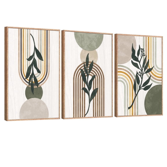 CHDITB Boho Wall Art Green Sage Plant Wall Decor Framed Minimalist Botanical Geometric Canvas Set of 3 for Living Room Bedroom Office 24x36 Inch