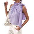thumbnail image 3 of Women's Sleeveless Striped Ruffle Tank Tops High Necked Tie Top Blouse for Daily Wear Purple M, 3 of 10