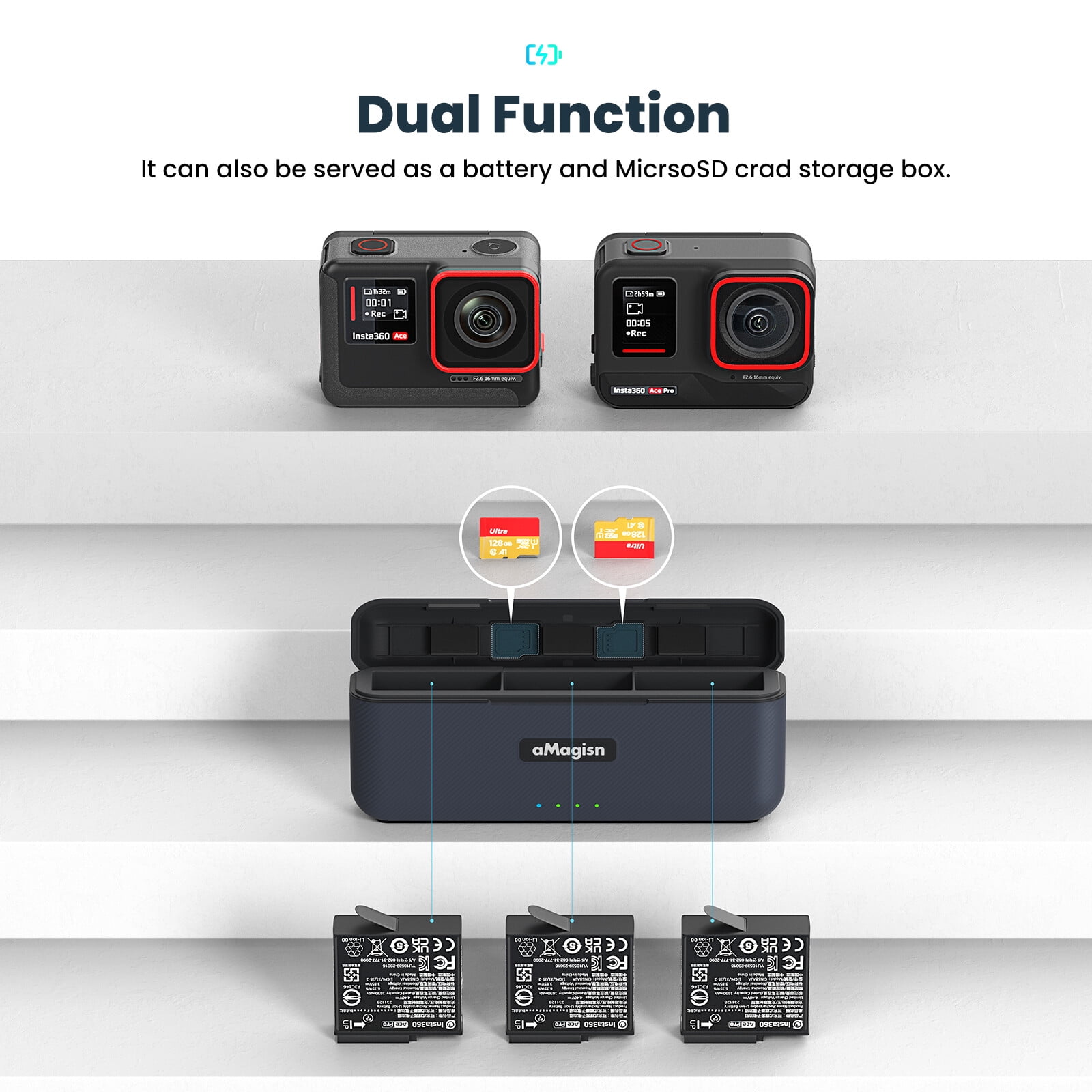 Battery Charger for Insta360 Ace Pro/Insta360 Ace,Quick Charger with USB-C Charging Cable,Support: PD3.0/PD2.0 Fast Charging protocols Simultaneous Charging of 3 Batteries