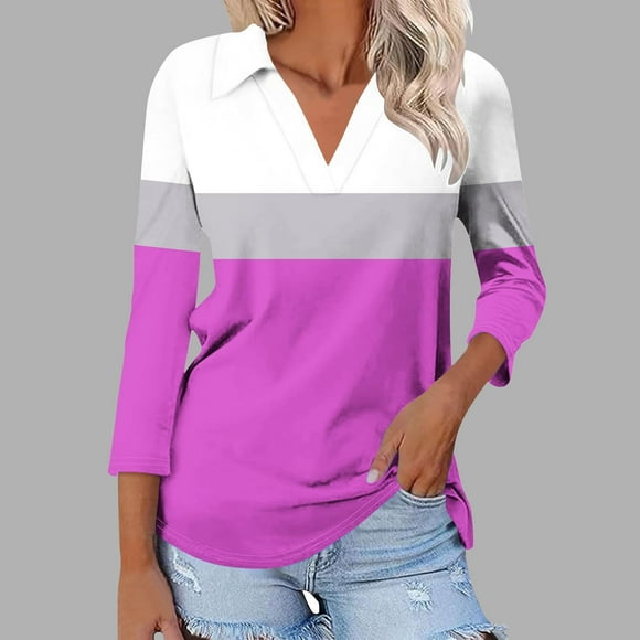 Soki Hauts Rayés pour Femmes T-shirt à Col en V avec Revers Manches 3/4 Décontracté
