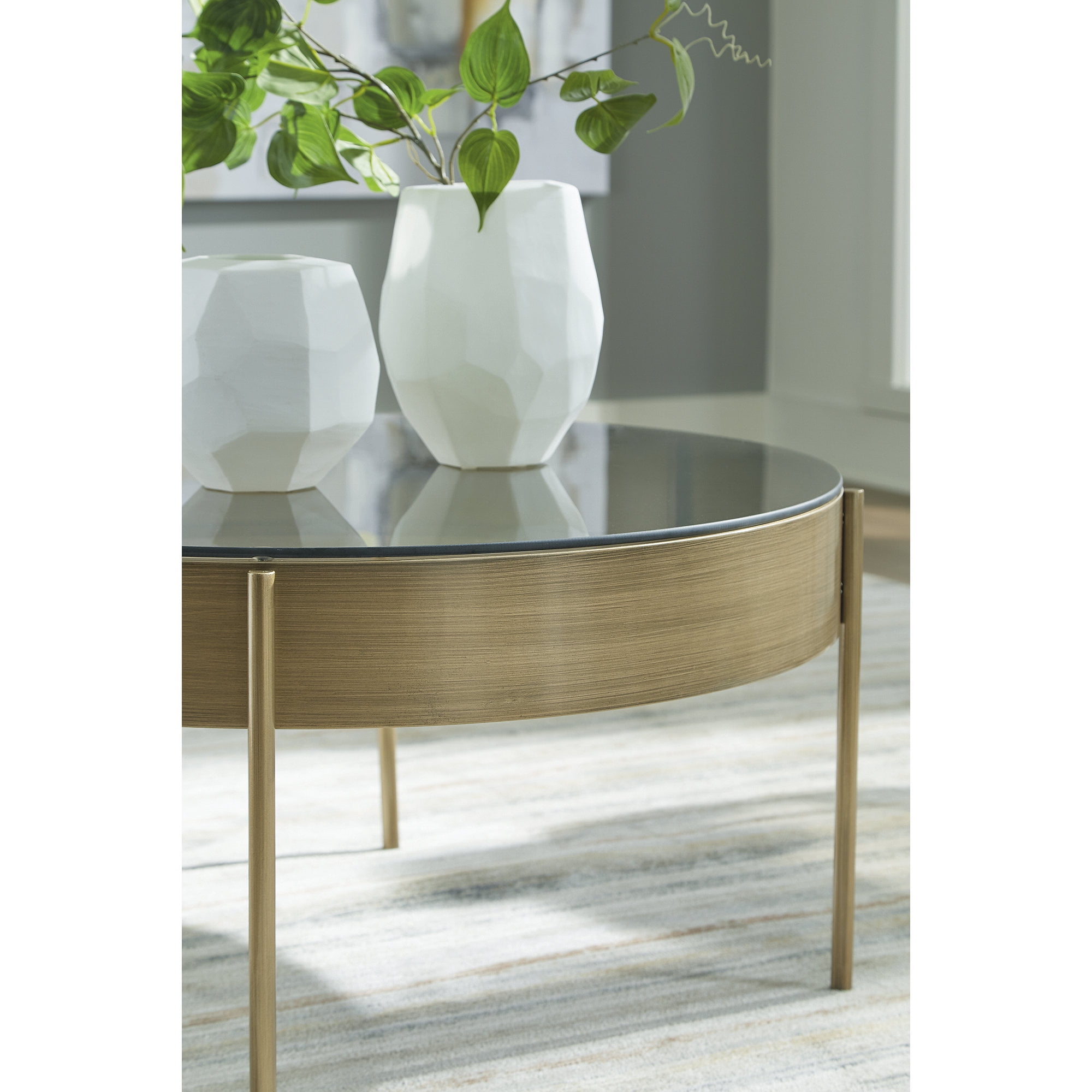Signature Design by Ashley Jettaya 3-Piece Glass Coffee Table Set with End Tables - Brushed Brass Finish
