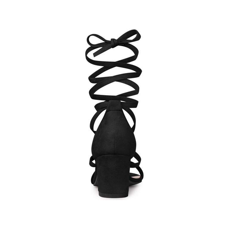 Black Lace Up Black Block Mid Heel Sandals Black Strappy Tie Leg