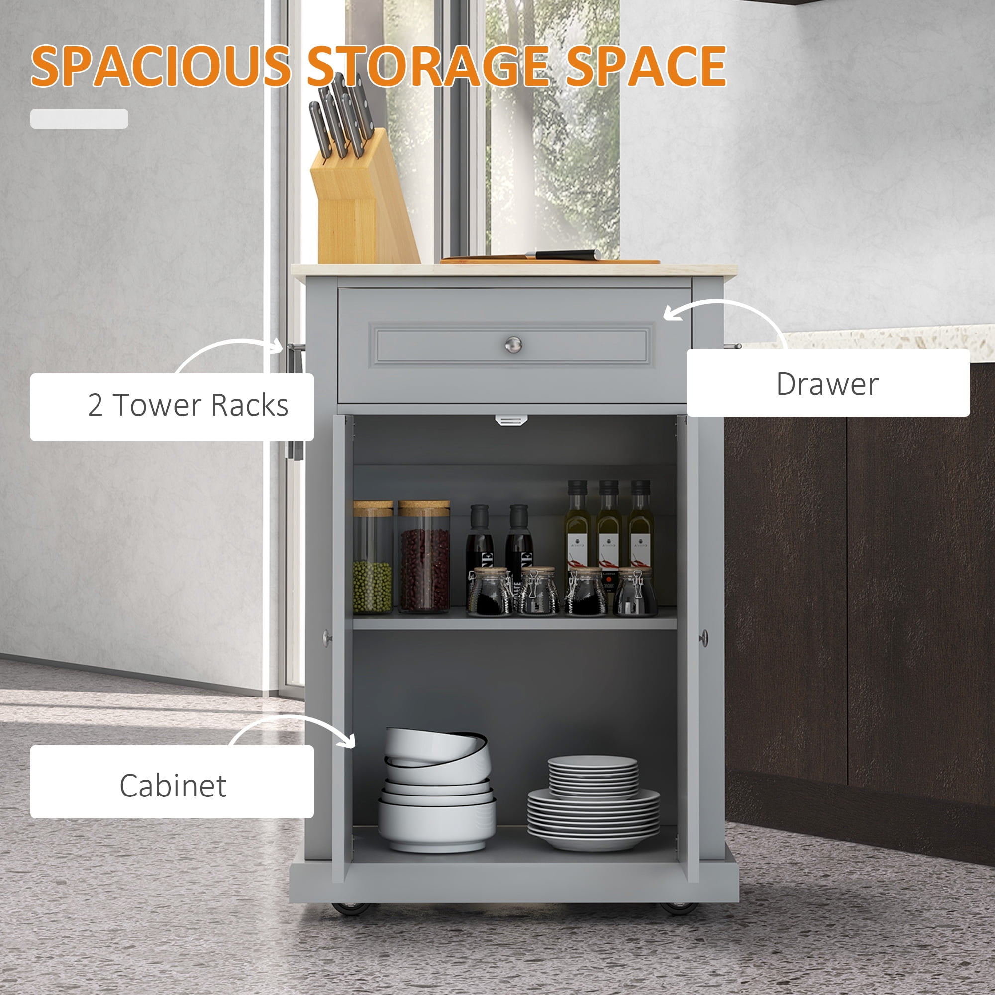 HOMCOM Rolling Kitchen Island Cart, Portable Serving Trolley Table with Drawer, Adjustable Shelf and 2 Towel Racks, Grey