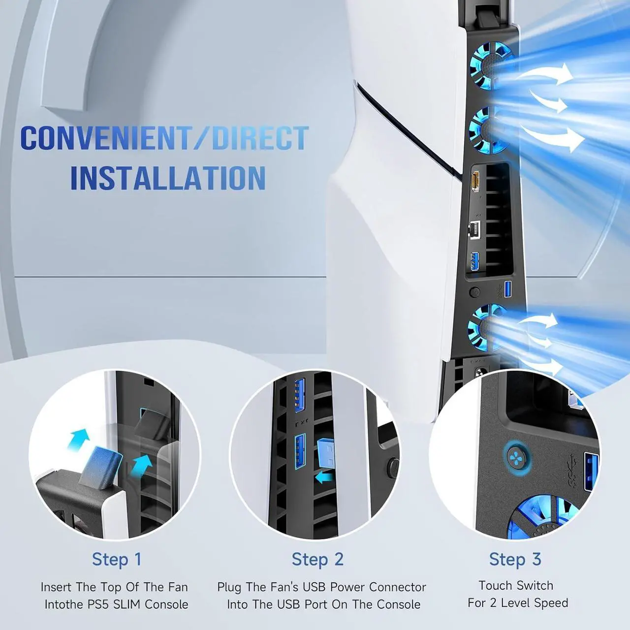 PS5 Slim Cooling Fan,Quiet Cooling System for PS5 Slim Digital/Discs Edition with 3 Fans/USB 3.0 Port,PS5 Slim Cooler Accessories with LED Light,Not for PS5 2020 and PS5 Pro