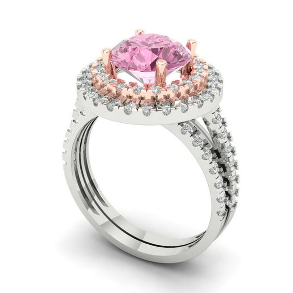 2.68 ct Brilliant Round Cut Pink Zircon 14k White/Rose Gold Halo Solitaire with Accents Engagement Bridal Wedding Ring Band Set size 6.25
