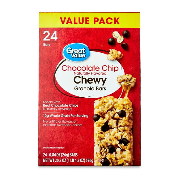 Great Value Chocolate Chip Chewy Granola Bars, Value Pack, 20.3 oz Paper Box, 24 Count