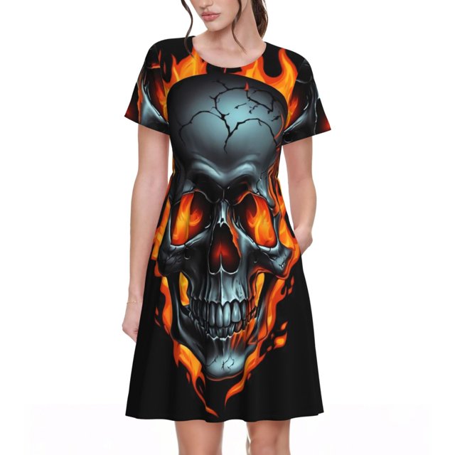 Disketp Flame Metal Skull para Vestido de Manga Corta para Mujeres, Vestidos de Verano para Mujeres, Casual y Holgado para la Playa