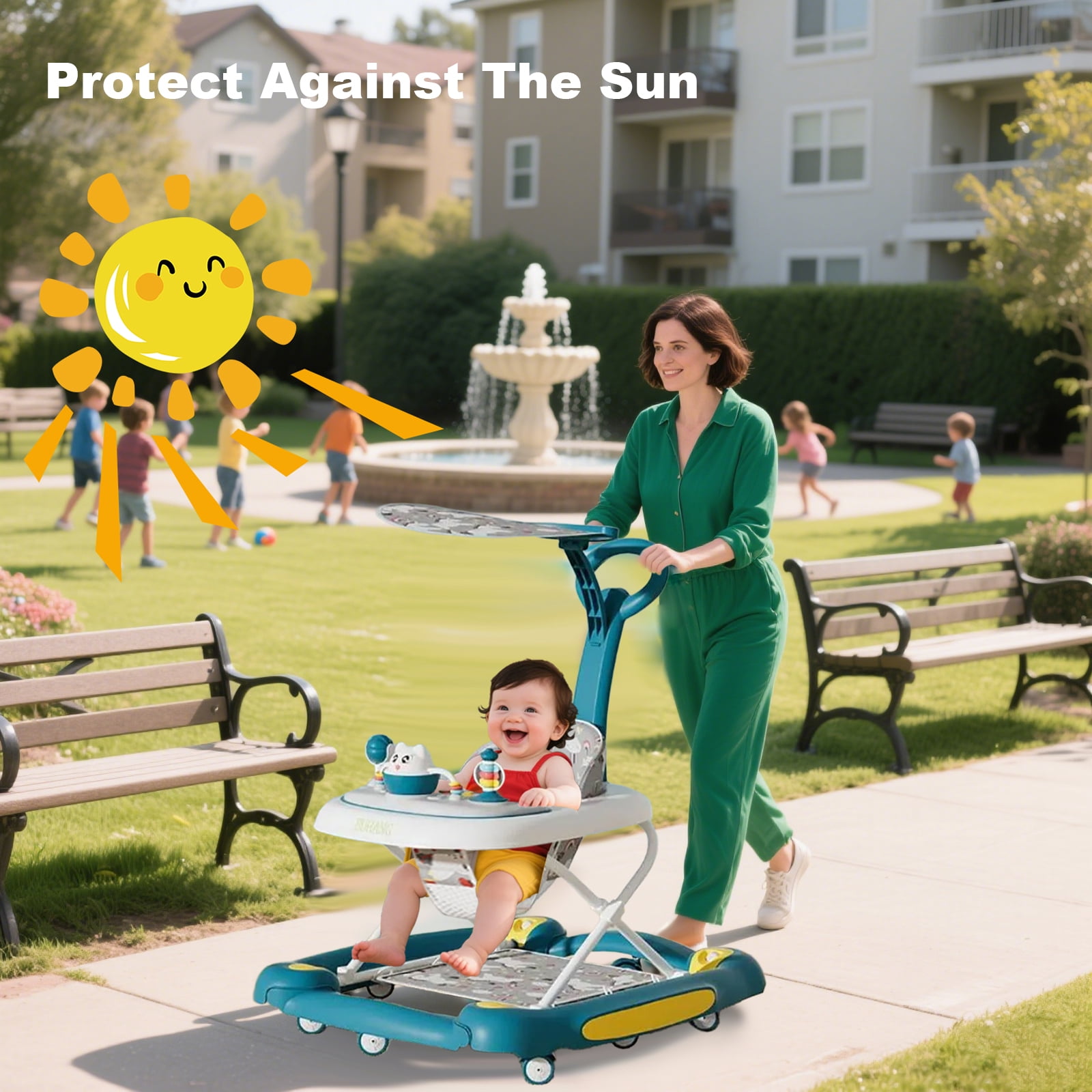 HDUTNGISN Green 6-in-1 Foldable Baby Walker for 6-24 Months,Bouncer,Tray & Music