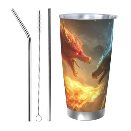 

KLL Red And Blue Fire Dragon B Print 40oz Stainless Steel Insulated Car Cup with Spillproof Lid - Keep Your Drink Hot or Cold on the Go-Straw Three-piece Set