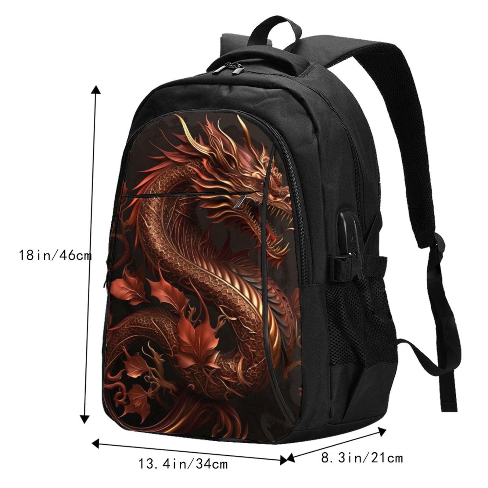 Golden Chinese Dragon Red Art Laptop Backpack with USB Charging Headphone Port Casual Daypack Bag College Business Travel