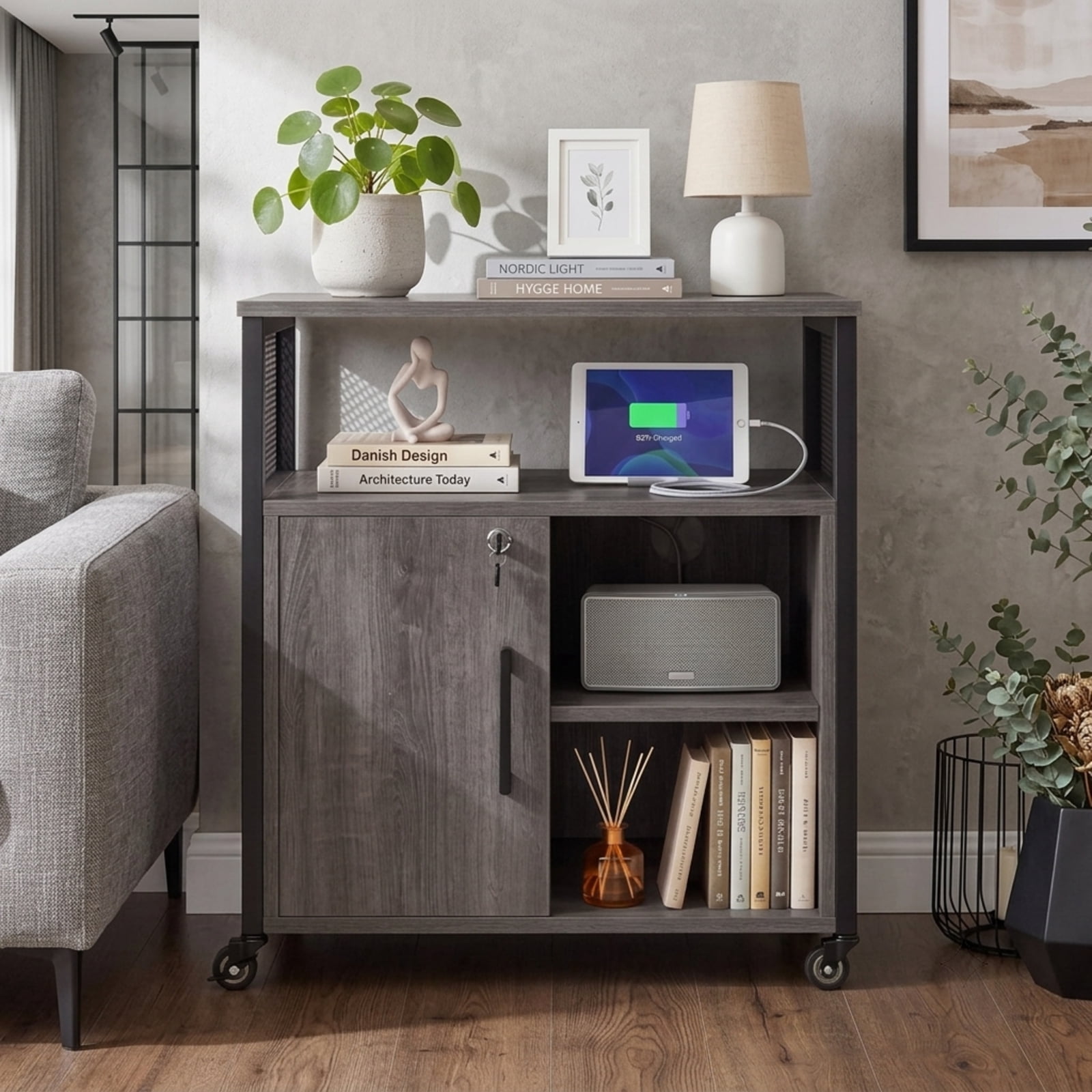 Furnibear Mobile File Cabinet on Wheels with Charging Station USB Ports and Lockable Office Storage Cabinet for Home Office and Study, Gray